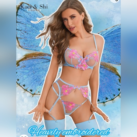 Kaei&Shi Floral Embroidered, Underwire, G-String, Garter Belt, 4 Pieces Lingerie - Picture 5 of 6